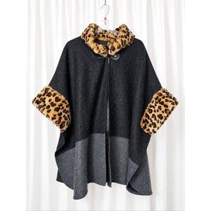 Coco + Carmen Leopard Faux Fur Trim Gray Colorblock Cape Poncho Cozy Chic Wrap